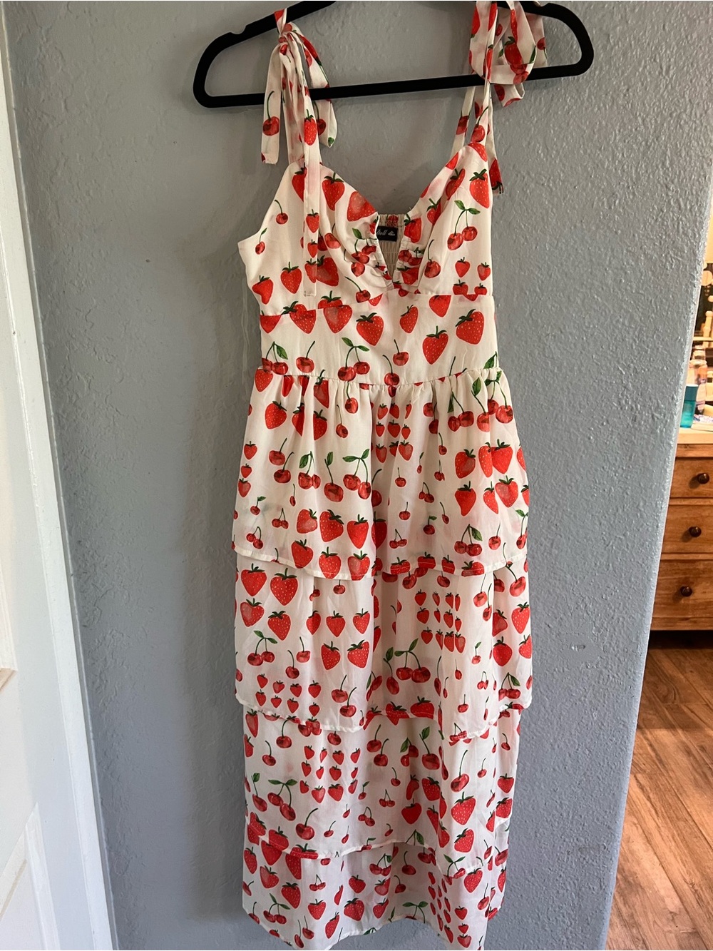 White and Red Strawberry Tiered Midi Dress - Picture 7 of 7